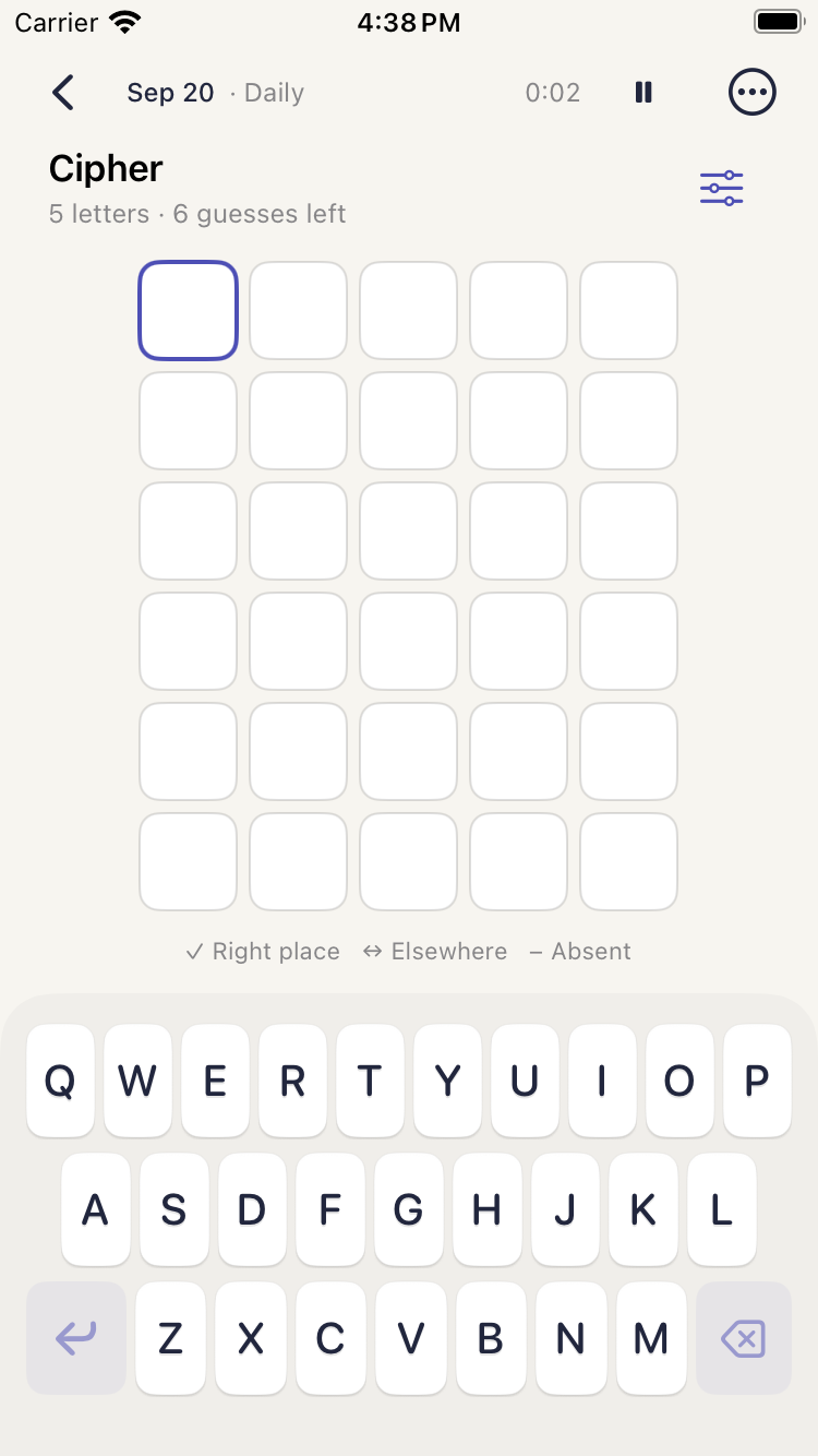 Cipher's five-letter puzzle board and on-screen keyboard