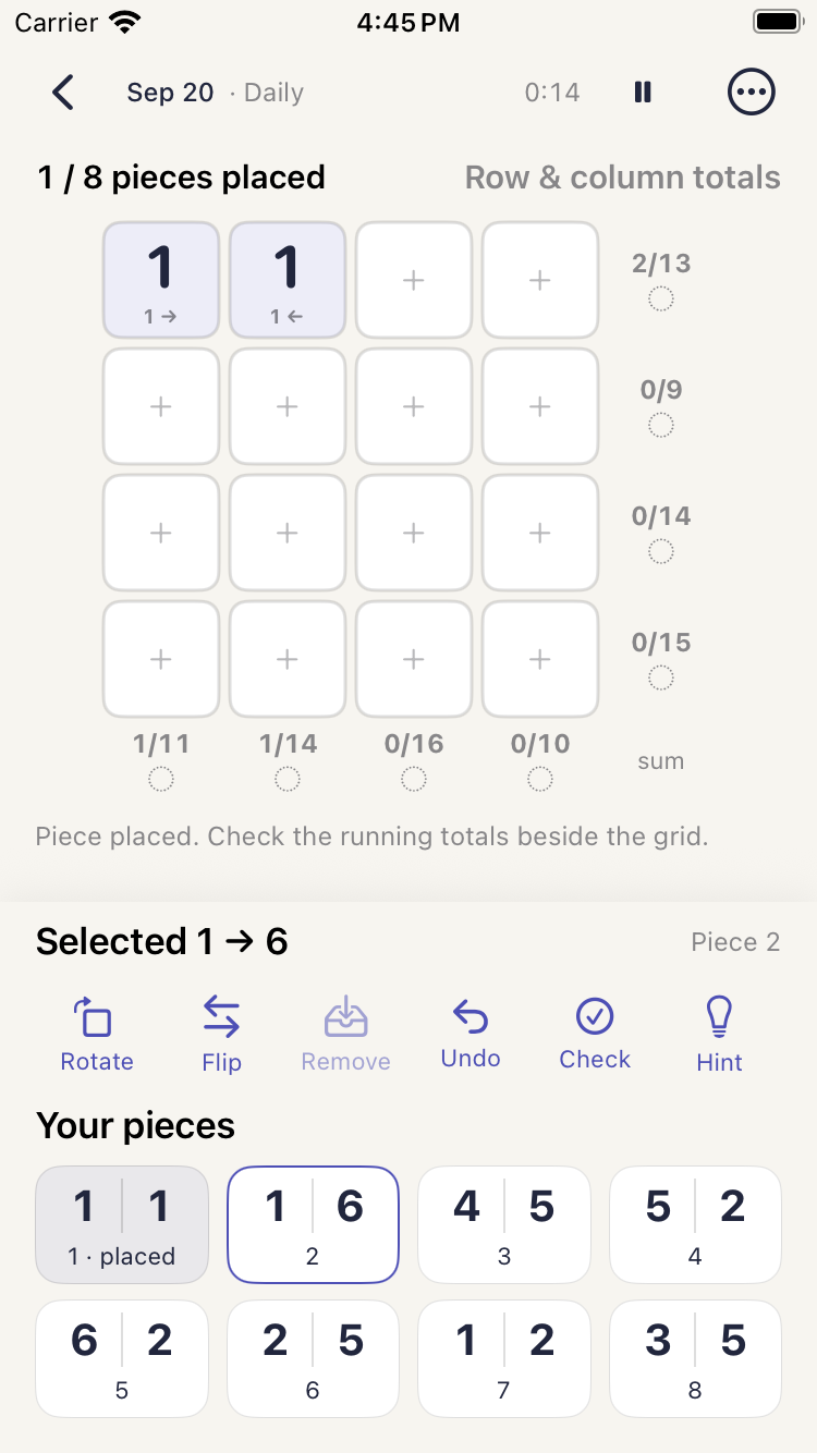 Domino's number grid, totals, and piece rack