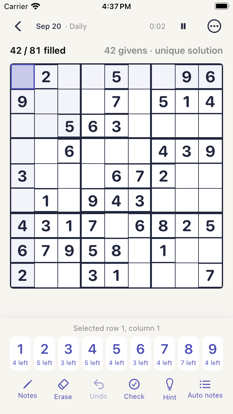 Sudoku with its number pad and puzzle tools